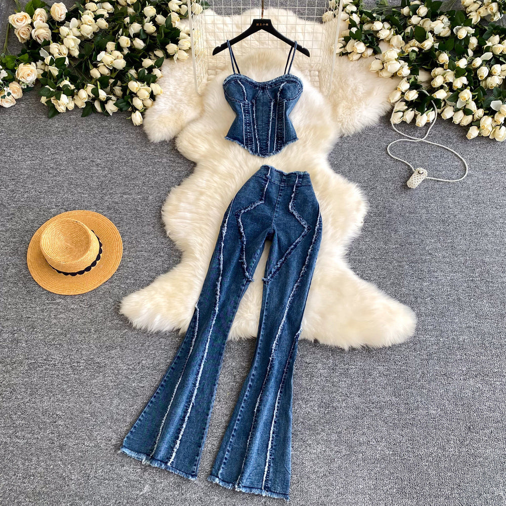 Fashion cross-border export hot girl style denim fashionsuit women's denim suspenders high waist silm pants two-piece set