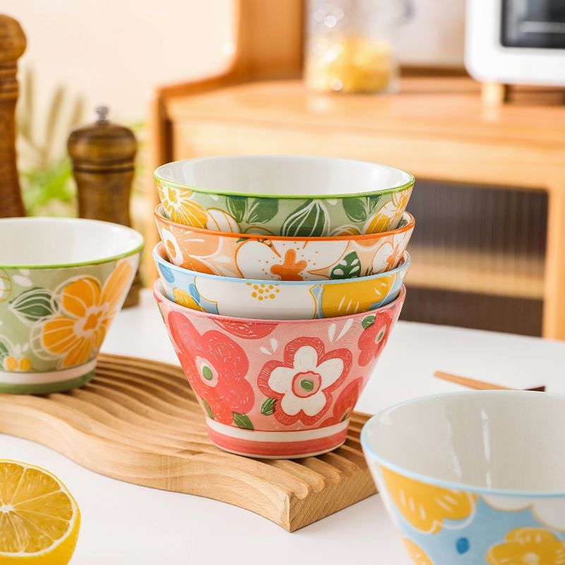 Ceramic rice bowl for home eating popular flower-shaped high-looking thickened oven mitts salad bowl dessert bowl spoon combination set
