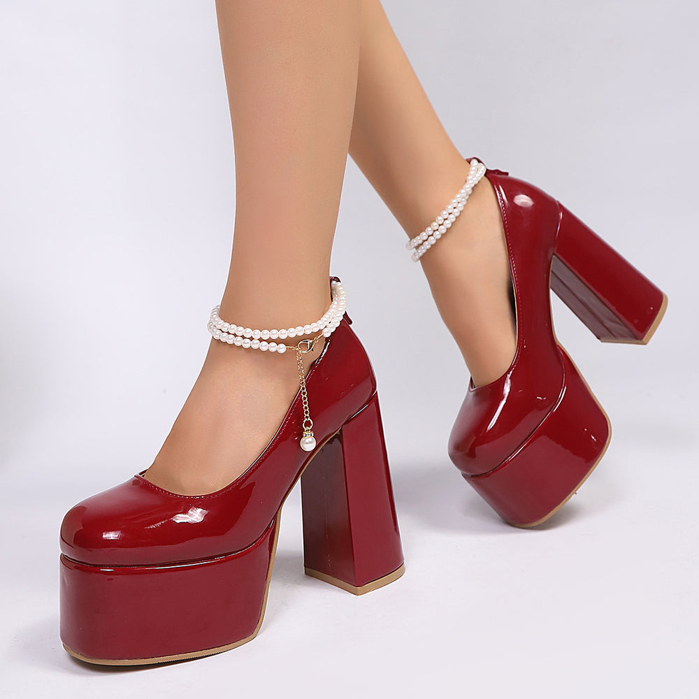 Export mary jane flats women's spring & fall waterproof thick heel super high heel beaded high heel plus sizefrenchretroflats