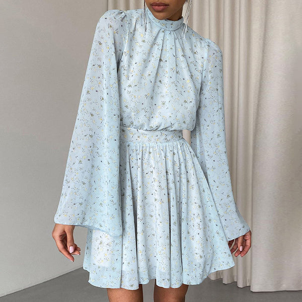 French elegant coffee break dress 2025 spring high-end chiffon floral dress waist long-sleeved A-shaped dress women's clothing