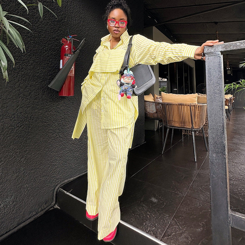 European and american cross-border women's fashion:  autumn/winter new collection - stylish striped long-sleeve shirt and wide-leg pants set