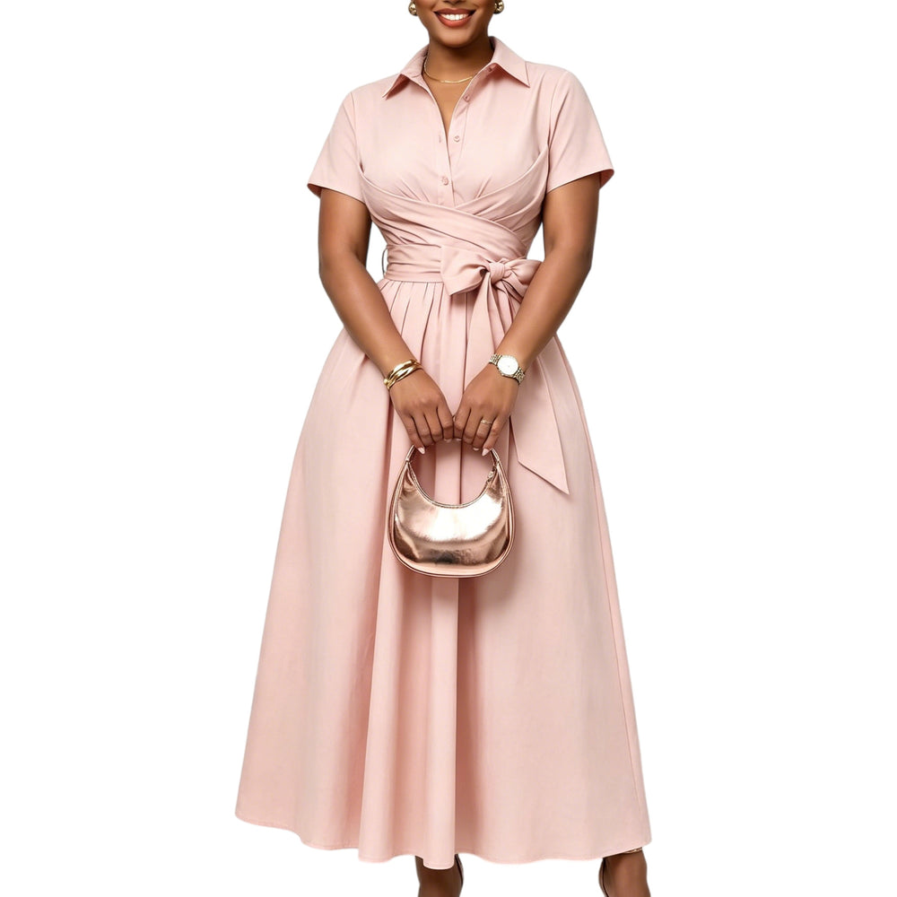 C8662  european and american women's clothing  summer new arrival: collared short-sleeve tie-waist solid color export dress