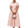 C8662  european and american women's clothing  summer new arrival: collared short-sleeve tie-waist solid color export dress