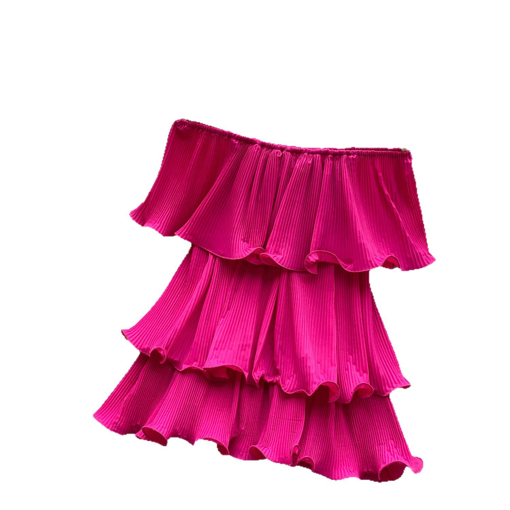 Korean style off-the-shoulder ruffle tiered sleeveless blouse - women's summer rose red layered design commute chic top