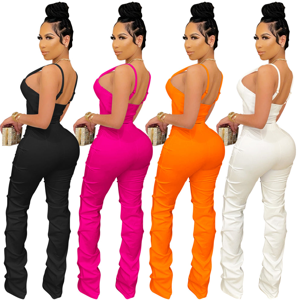 X5215    pure colorsexy women's suspenders chest zipper vest pants two-piece set