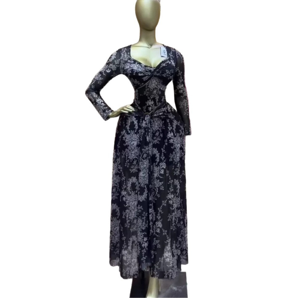 European and american cross-border women's clothing:  summer new arrival - elegant square neck bandeau printed slim-fit maxi dress