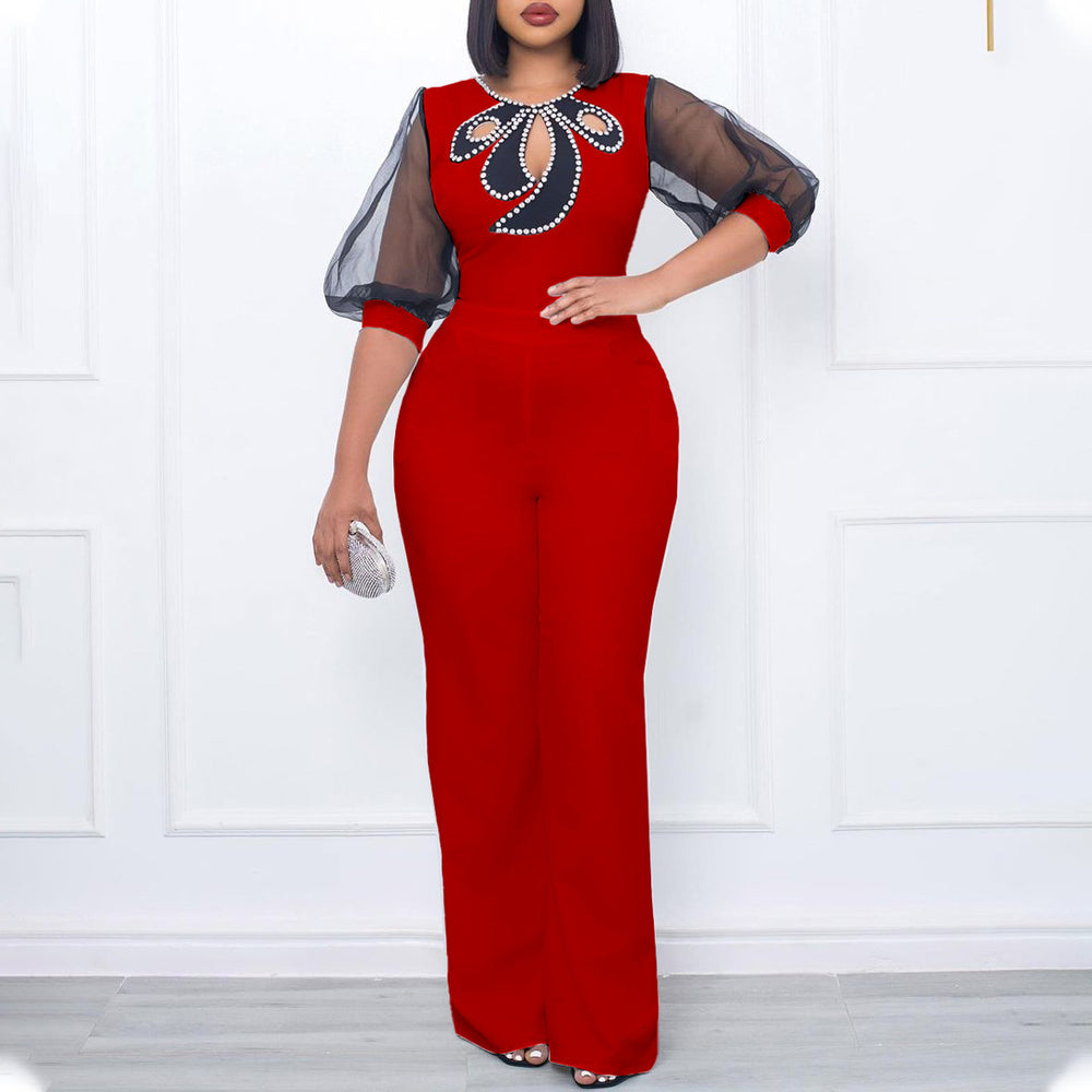 D3183 women's foreign trade summer  short-sleeve puff sleeve beaded sexy wide-leg cinched waist plus size cross-border jumpsuit