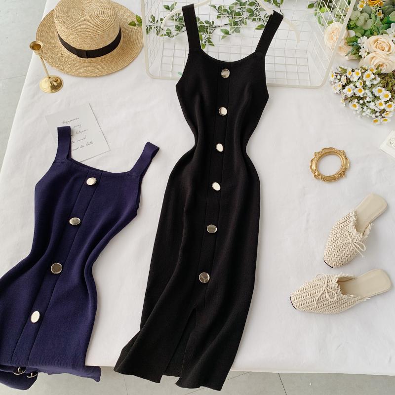 Knitted dress 2020 new summer style elegant square neck slim fit button-down sleeveless tank top slit midi dress