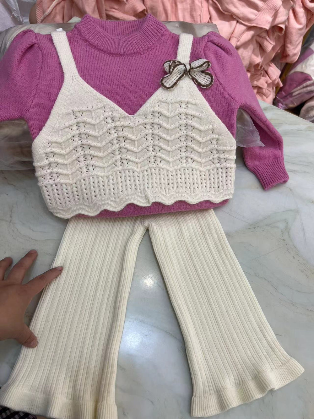 Girls' knitted sweater two-piece set -  autumn/winter new collection - bowknot cardigan and knit sweater outfit for little girls