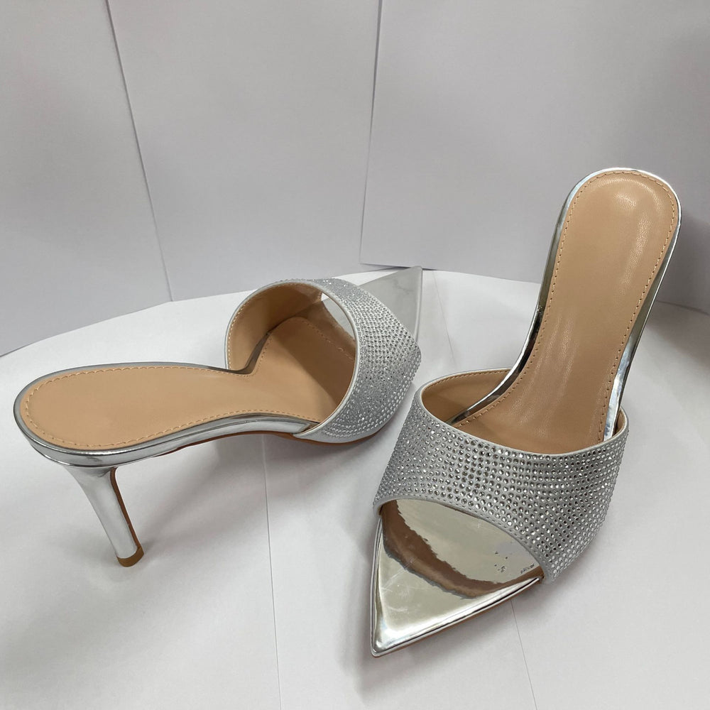 Summer women's stunning rhinestone stiletto heel mules - perfect with dresses, pointed-toe single strap high heels, sexy and comfortable for all-day wear