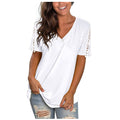 new women's lace short sleeve v-neck t-shirt - relaxed fit casual top with patchwork design
