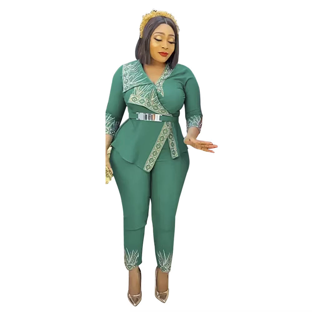 African   new arrival  hot diamond beaded tops pants waist two-piece set olwork clothing women's clothing