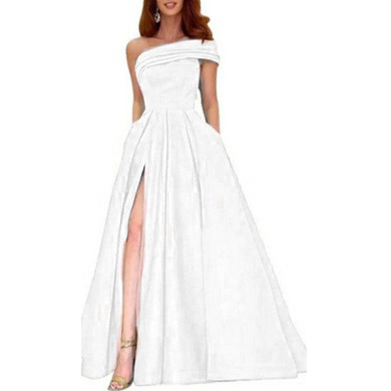 Export one-shoulder satin dress  evening dress birthday party tutu skirt green high slit sexy jumpsuit