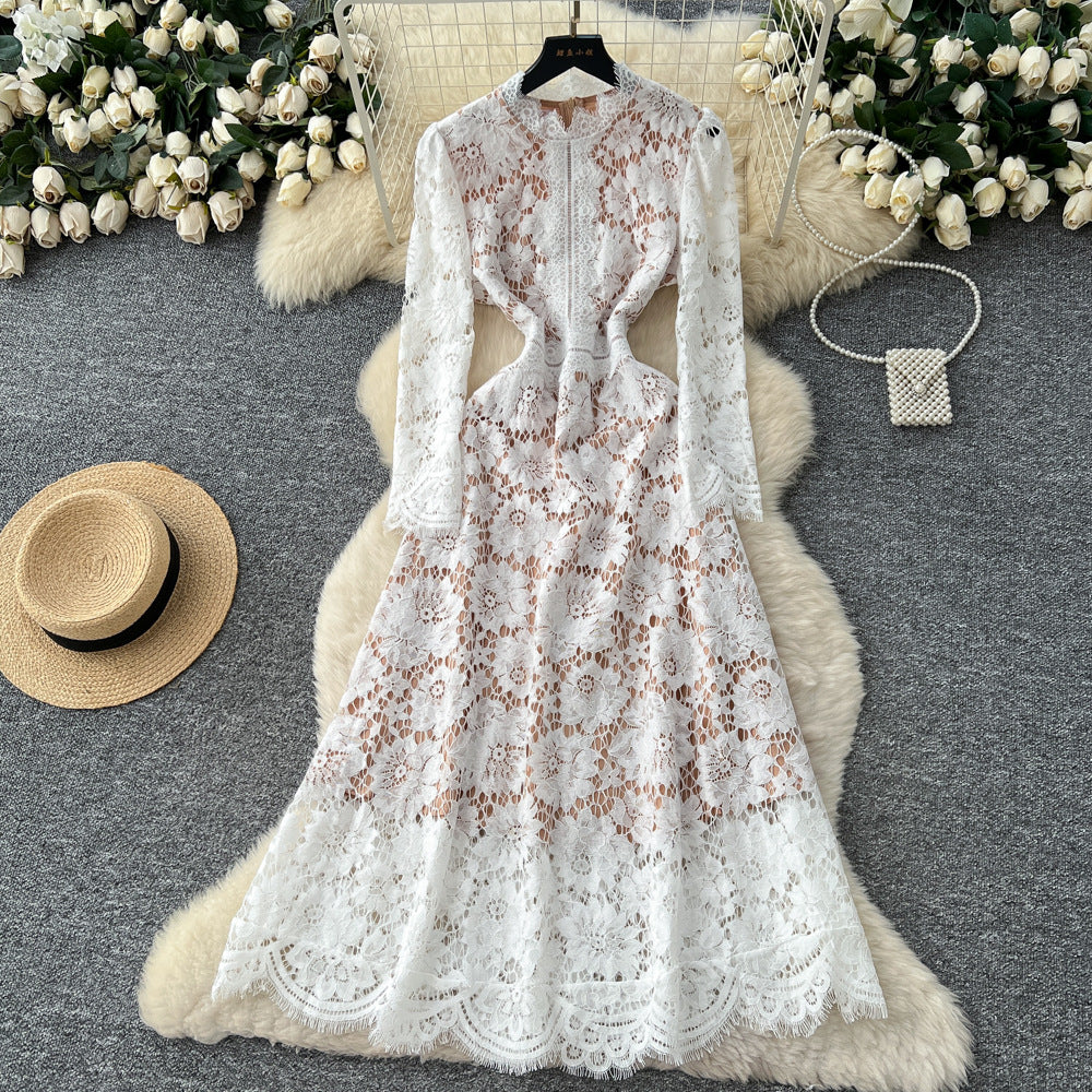 Frenchniche styleaccessible luxury socialiteclassy sense hook flower lacedress women's autum waist slimming lookelegant dress