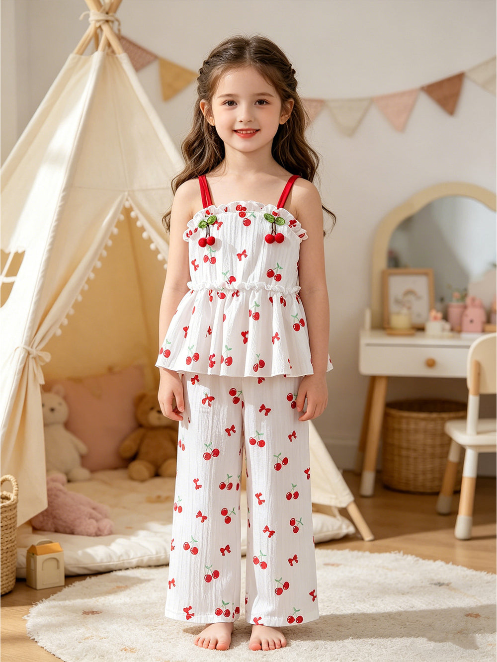 girls' spring/summer new collection: pastoral style textured sleeve top with cute cherry design + refreshing wide-leg pants two-piece set