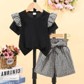 Children's round neck short-sleeved pure colortopsplaid shortssuit