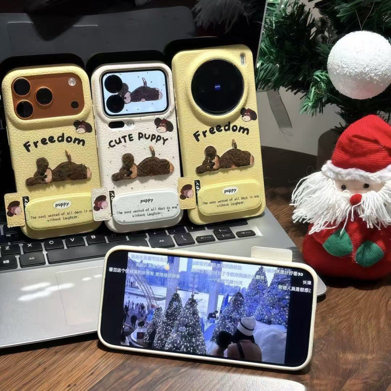Leather pattern suitable for apple 16promax mobile phone case plush lying sleeping dog xiaomi 17 huawei autumn and winter anti-fall soft shell