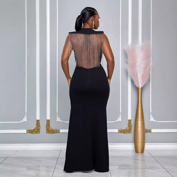 K3278 European and American round neck back hollow drill strip slim split dress