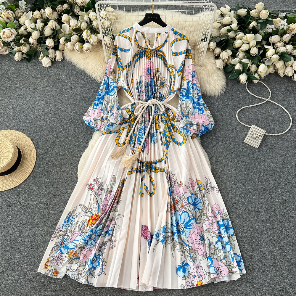 Elegant and chic printed dress for women - summer bubble sleeve tie-waist design, unique and flowy fairy dress