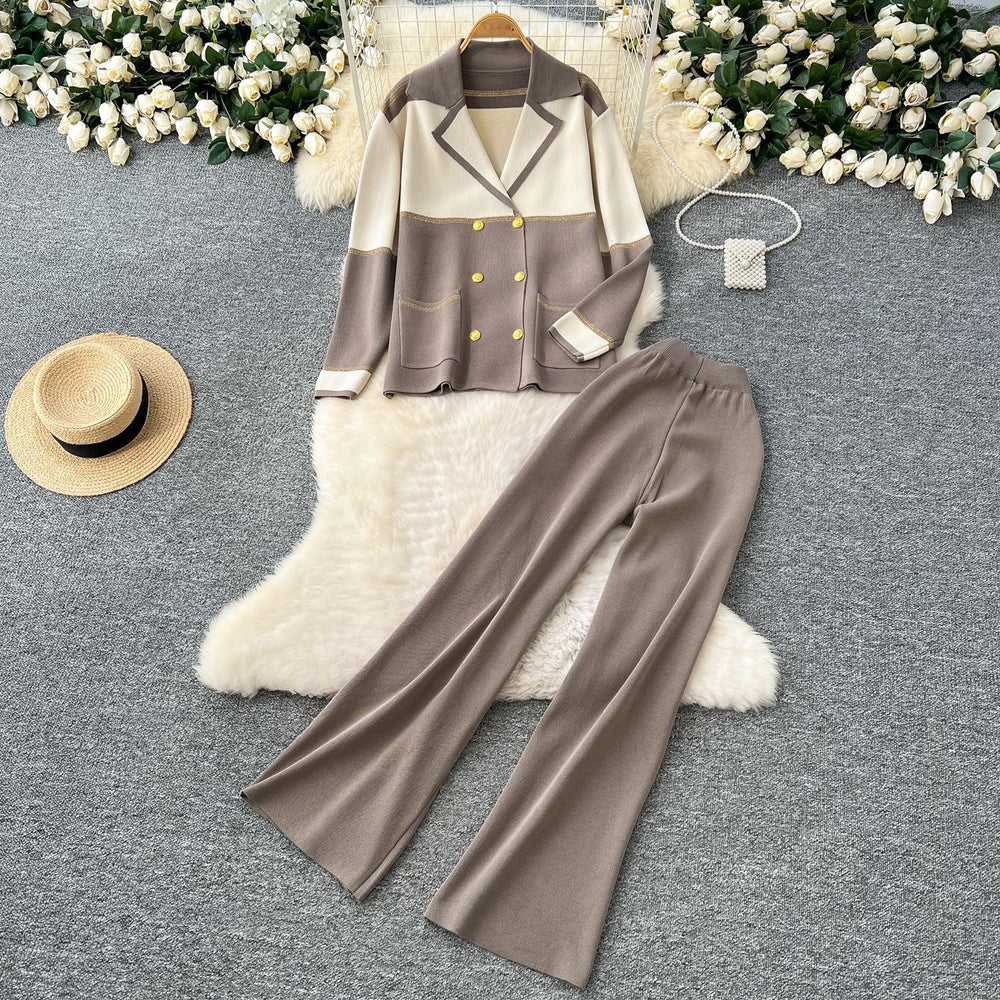 Xiaoxiangfeng outfitsclassysuit women's loosefashion color block lapel knittingcardigan+high waistloose pants