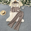 Xiaoxiangfeng outfitsclassysuit women's loosefashion color block lapel knittingcardigan+high waistloose pants
