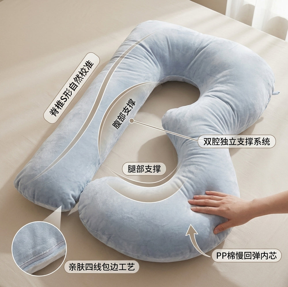 B-shape pregnancy pillow for side sleepers - adult sleep pillow supports back, legs, belly, and waist - multifunctional pregnancy pillow