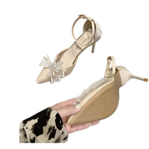 2025 summer new bow buckle high heels women's european and american celebrity stiletto pumps outer wear shallow mouth fashion women's shoes