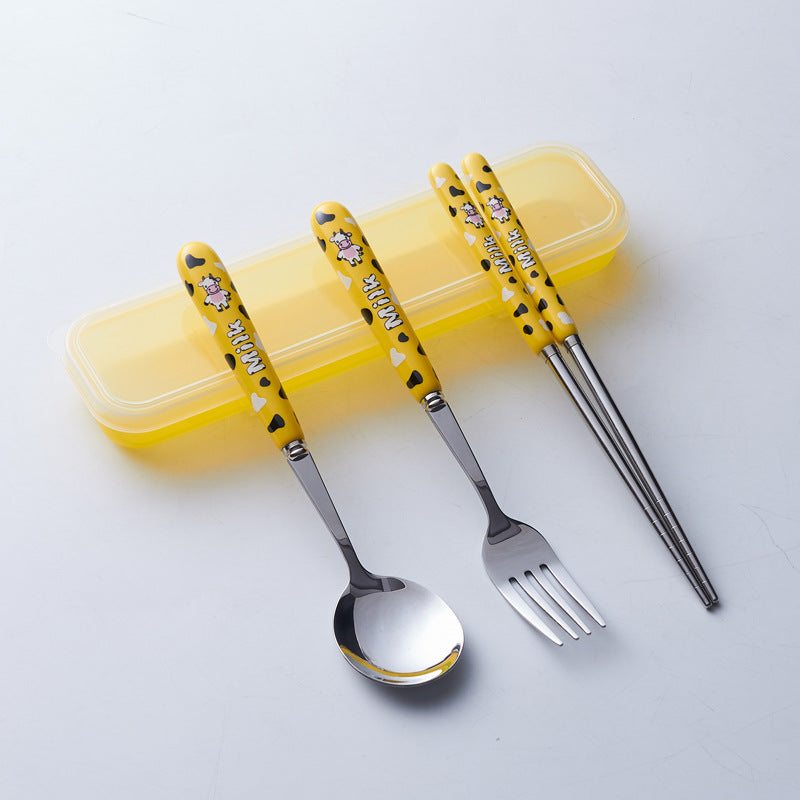 Portable storage cutlery set - cute cow design stainless steel children's dinnerware set: fork, spoon, and chopsticks