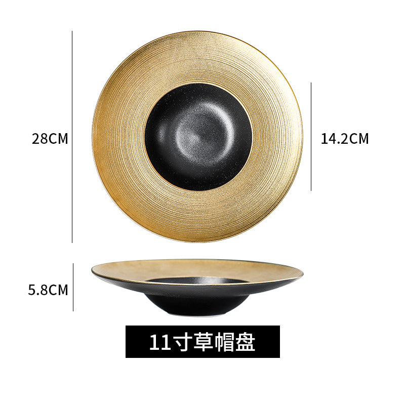 Gold-trimmed ceramic dinnerware: western steak plates, sushi rectangular dishes, hotel gold-edged buffet plates - wholesale