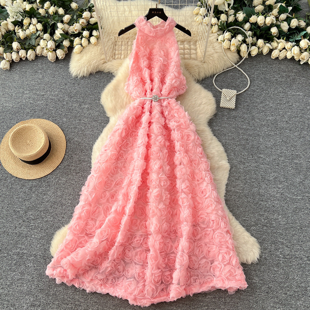 Frenchclassyfashionstereo flower halter sleeveless dress women's strappy waist slimming lookelegant large swing long skirt