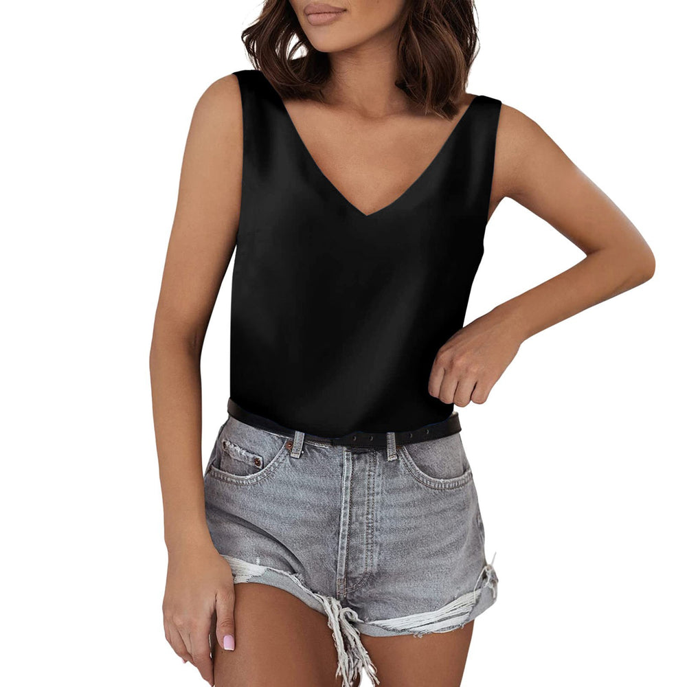 Ready-to-ship european and american style solid color satin tank top, v-neck casual camisole, sleeveless blouse, summer basic wholesale