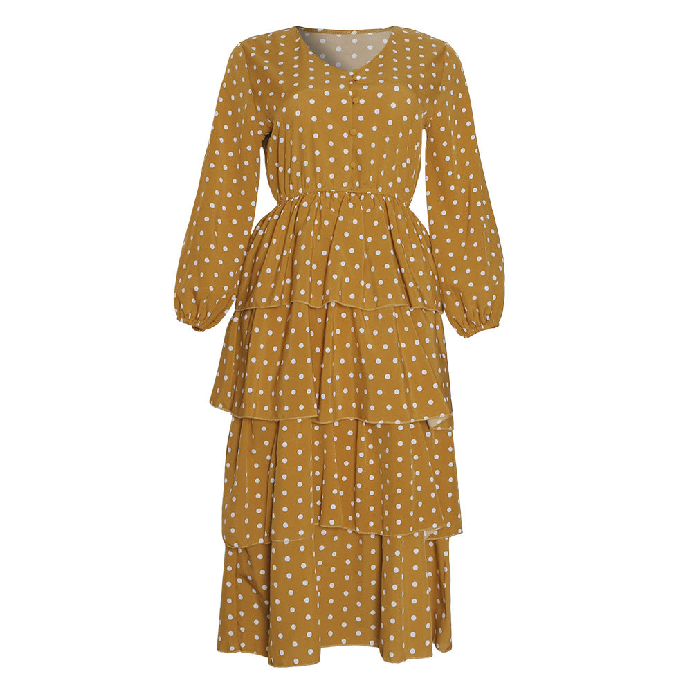 African plus size women's clothing   spring new v-neck waist-cinching polka dot chiffon dress