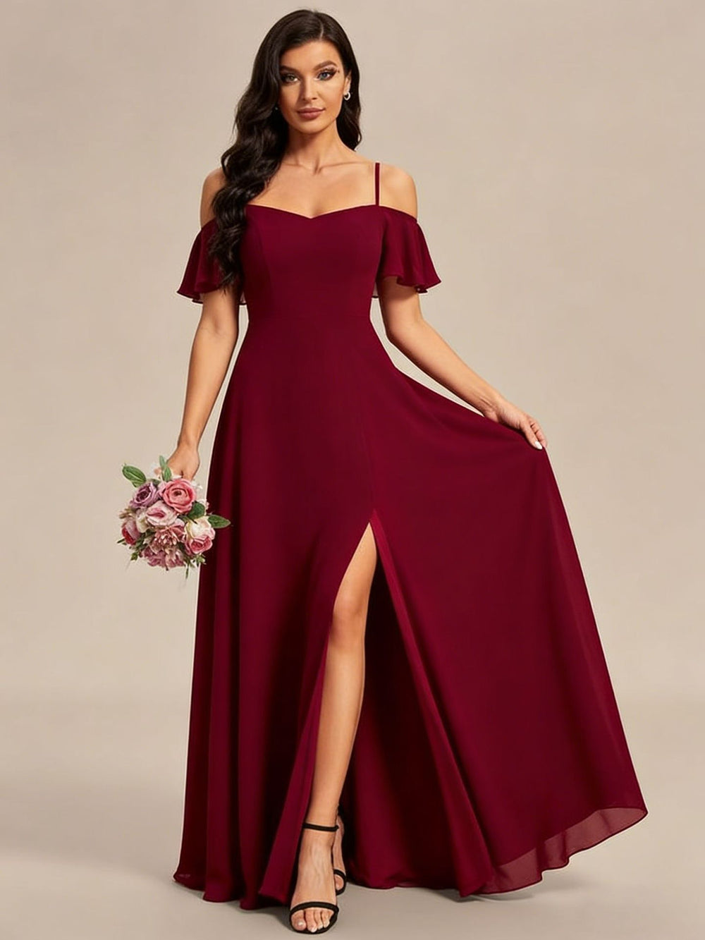 European and american style off-the-shoulder ruffle chiffon maxi dress - women's wedding french dress - high-quality, luxurious evening gown