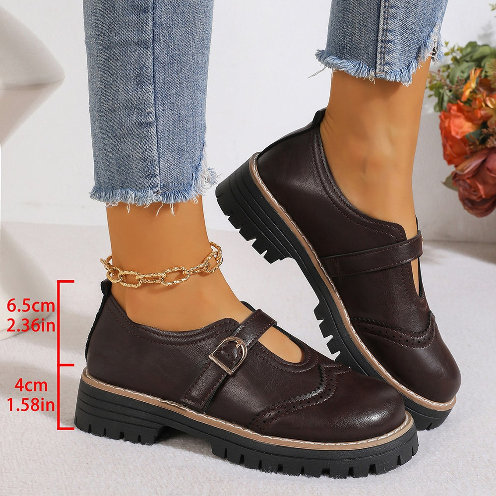 Exportplus size british style thick sole loafers for women  new belt buckle carved cut out small leather shoes wholesale