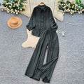 Relaxed casualsuit women's autumloose buttoned long sleeves single breasted shirthigh waistloose pantstwo-piece set
