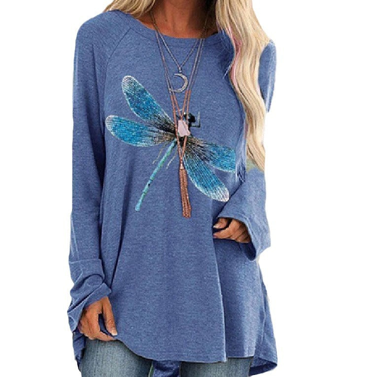 2025 amazon wish european and american new women's long-sleeve crew neck dragonfly print plus size t-shirt - casual and versatile