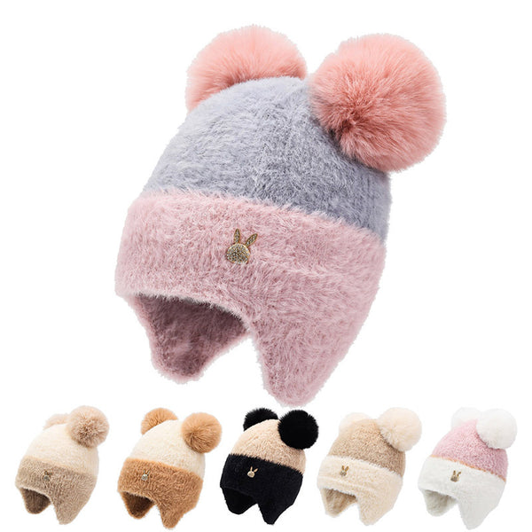 Fleece winter knitted hat, ear protection, double hairball hat, wool hat, big head circumference, bag head, small face, thickened cold hat.