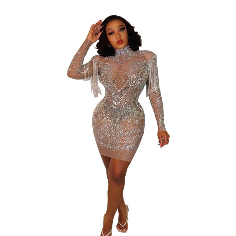 supply customclassy rhinestone mesh elastic european and american african sexy silmlong sleevesdressin stock