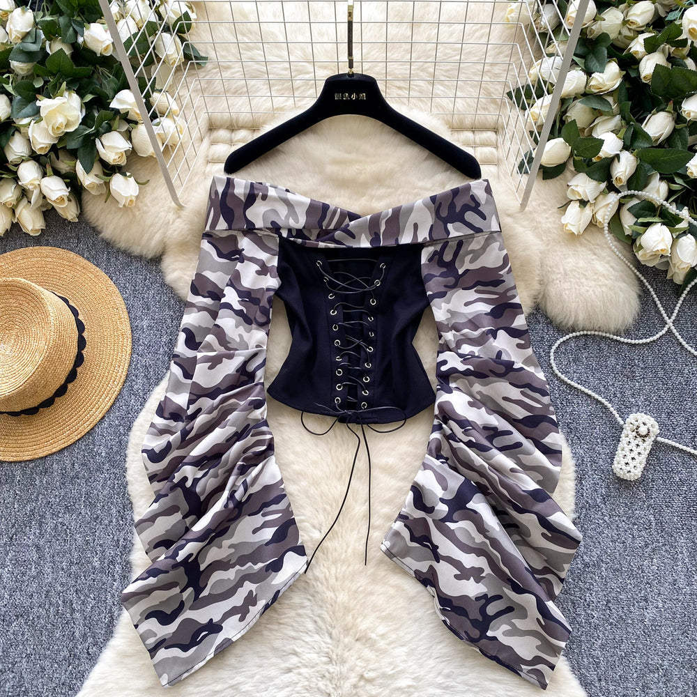 European and american women's clothing 2025 autumn new design: tie-waist, off-the-shoulder, ruched, long-sleeve, slim-fit top