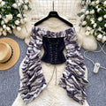 European and american women's clothing 2025 autumn new design: tie-waist, off-the-shoulder, ruched, long-sleeve, slim-fit top