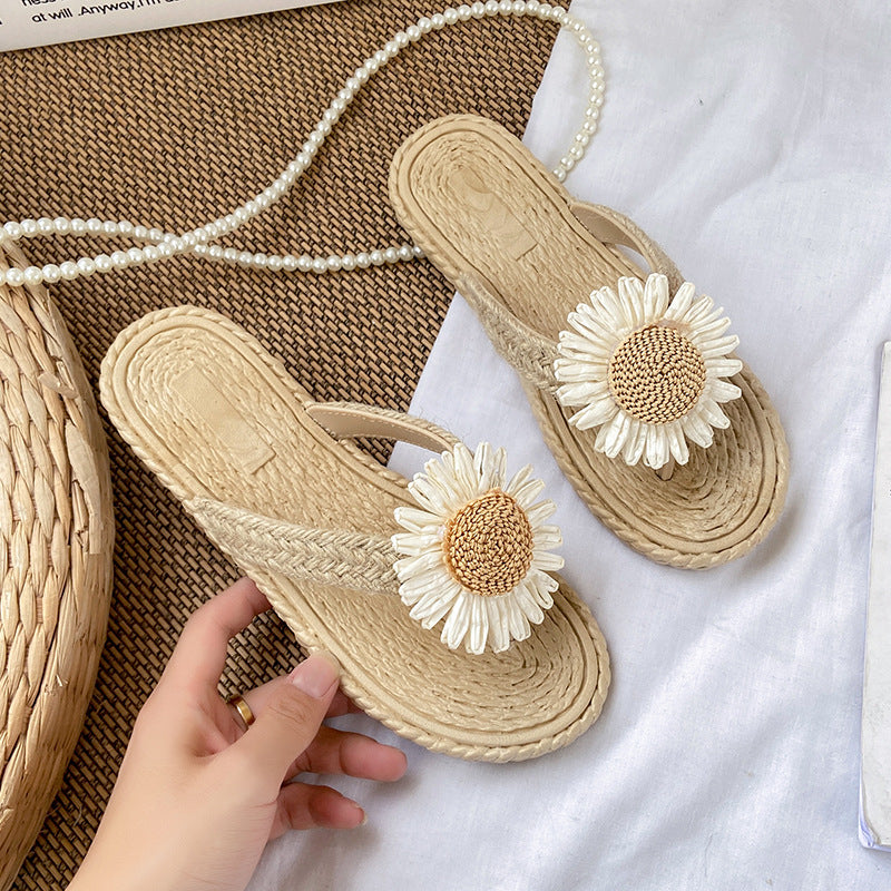 Sunflower slides women's flat outdoor wear imitation straw weaving travel beach shoes summer new anti-slip slippers women