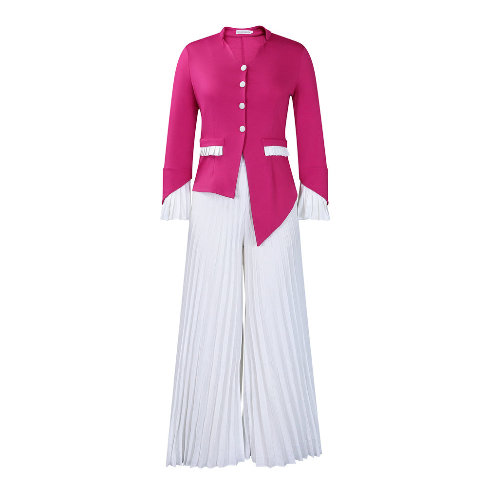 D553 women's foreign trade spring  new fashion flared sleeve top and pleated wide-leg pants set - african two-piece outfit