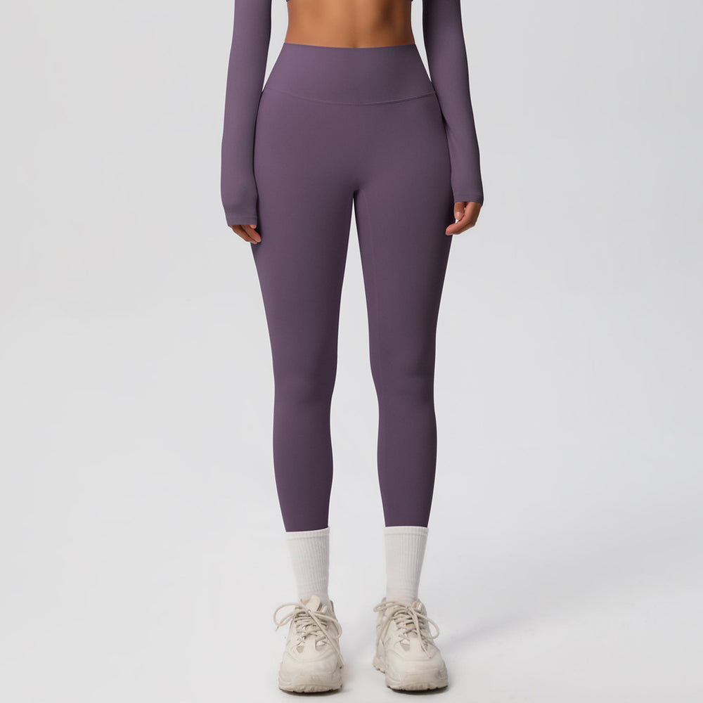 Ready-to-ship european and american style, solid color, double-sided brushed, high-waisted, quick-drying leggings for layering, fitness, outdoor running, and yoga