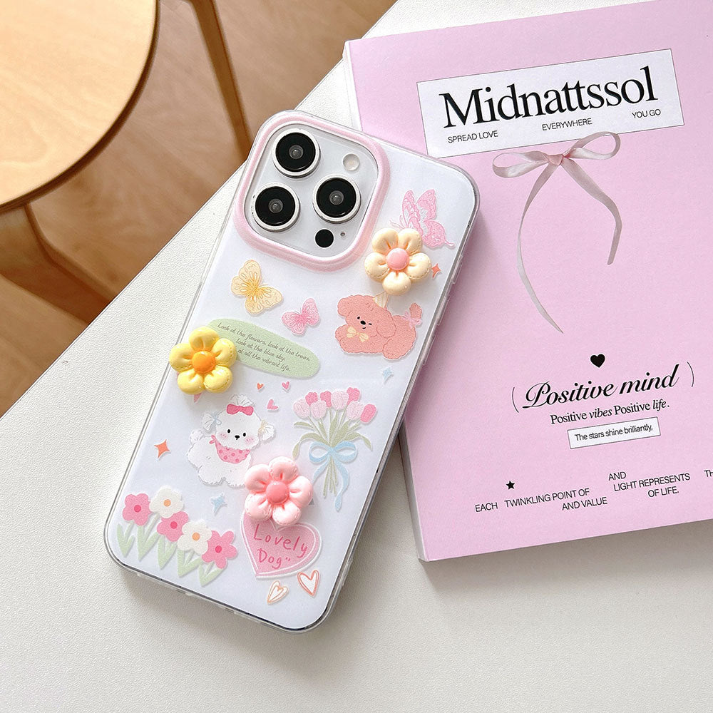 Suitable for iphone16 stereo cream rubber flower mobile phone case apple 17promax cute puppy anti-fall hard case