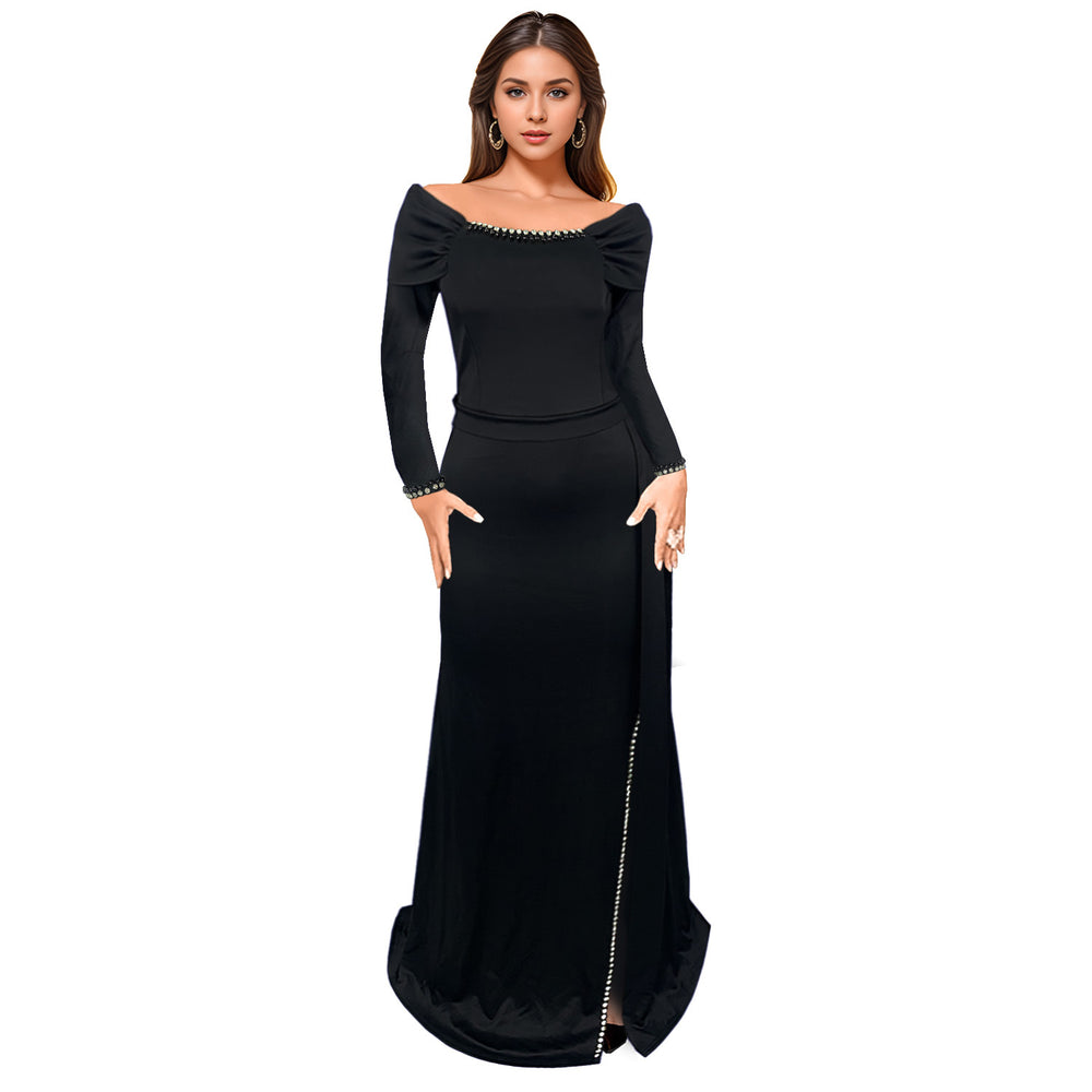 C7283 cross-border   fashion women's elegant slit-midriff evening gown dress
