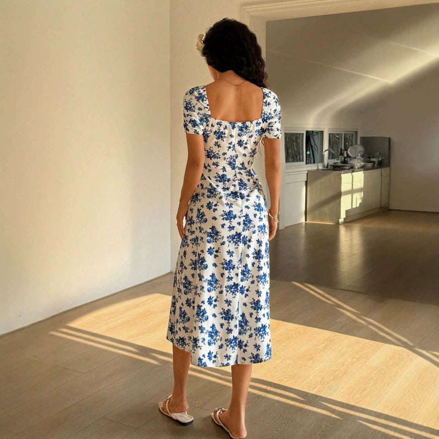 summer fashion casual european and american cross-border square neck printed short-sleeve floral dress women's clothing