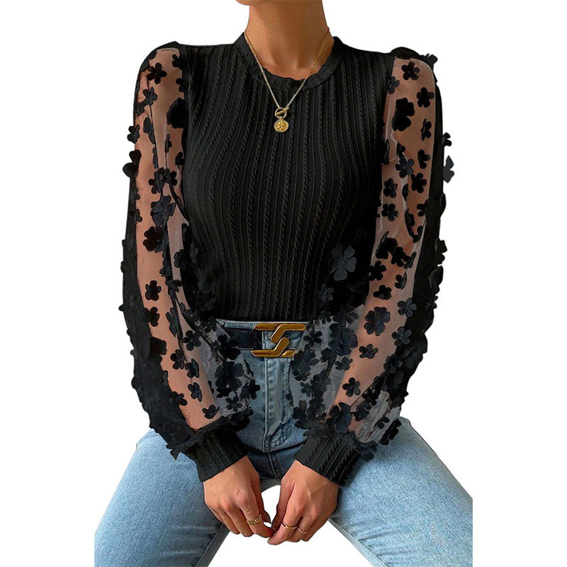 European and American  women's clothing, mesh floral chiffon shirt women's 2024 spring and summer round neck thin pullover long-sleeved top