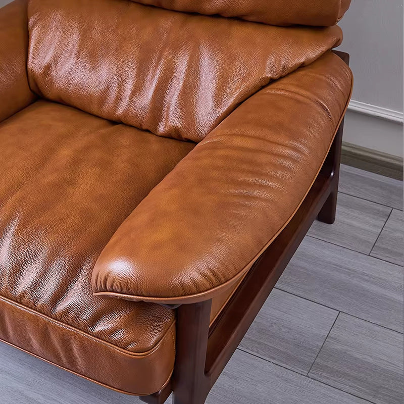 Second-hand style grids first layer real cowhide retro ash wood living room balcony tea master chair single sofa lounge chair