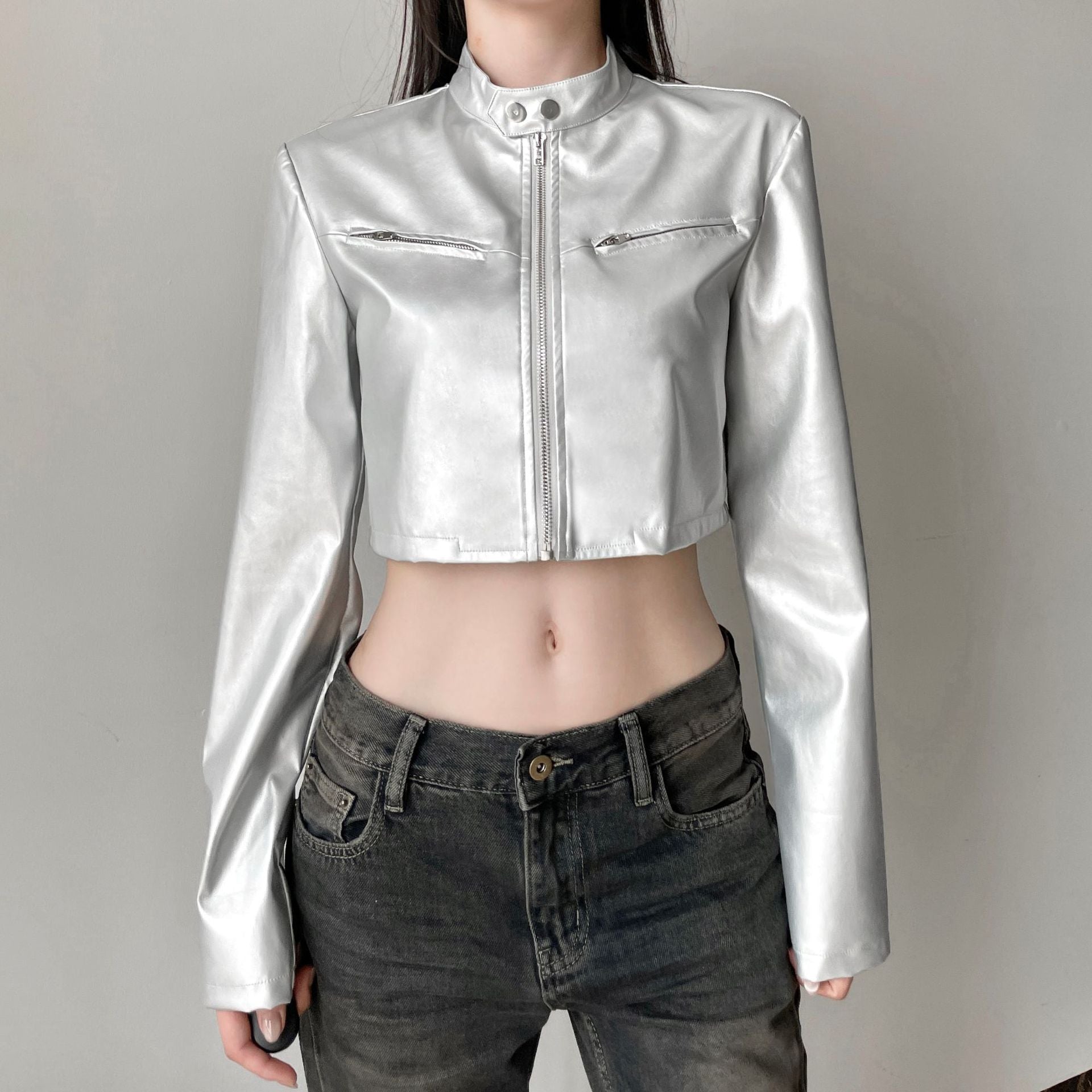 C25671 European and American sexy babes locomotive style pink basic coat baseball jacket top fashion women's autumn