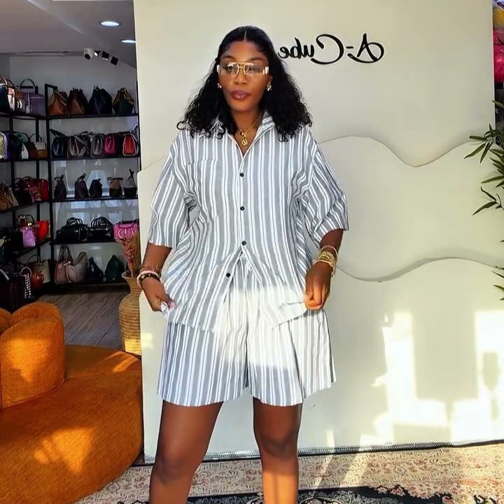 European and american cross-border women's fashion:  summer new arrivals - stylish casual loose tie-waist striped shirt and wide-leg shorts set